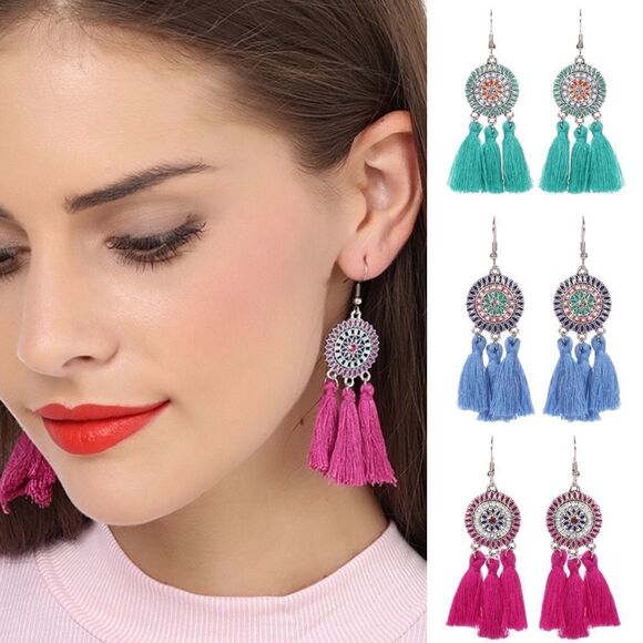 Multi Color Tassel Boho Dreamcatcher Earrings - Picture 1 of 8